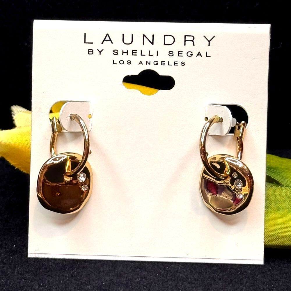 NWT Laundry by Shelli Segal Gold Disc Charm Hoop Earrings 1"